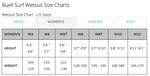 Buell womens wetsuits size chart. Measure Higt and weight for wetsuit size